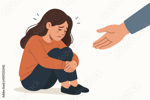 Emotional Support Vector Illustration with Sad Woman Sitting Hugging Knees and Comforting Hand Reaching Out, Mental Health Awareness Concept for Depression, Anxiety, and Psychological Help