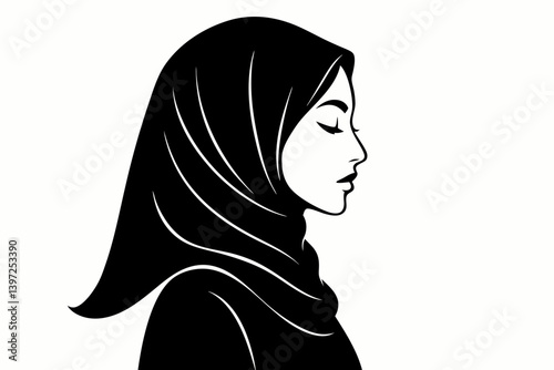 Elegant Hijab Silhouette Profile Vector Illustration, Minimalist Black and White Muslim Woman Portrait, Modern Islamic Fashion Design Element for Cultural Representation and Identity