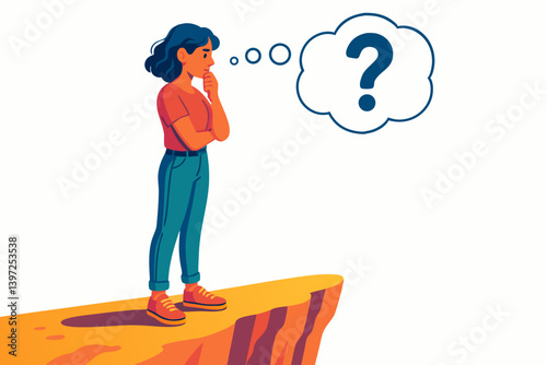 Contemplative Woman on Cliff Edge Pondering Life's Questions: Vector Illustration of Thoughtful Female Figure Facing Uncertainty and Challenge in Vibrant Colors
