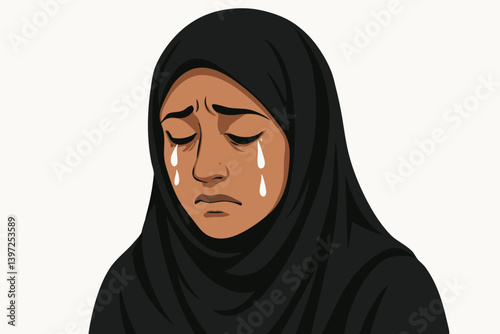 Emotional Vector Illustration of Middle Eastern Woman in Hijab with Tears, Depicting Sadness and Grief, Cultural Representation of Female Muslim Character in Minimalist Style for Social Issues Content