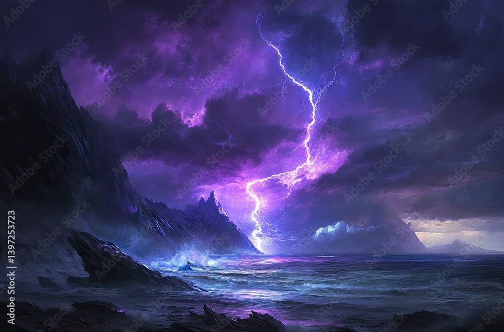 Fototapeta premium A breathtaking coastal landscape illuminated by a vibrant purple lightning storm.
