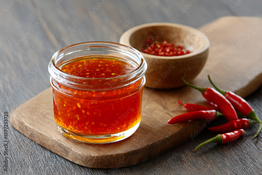 Bright red chili sauce is displayed in a glass jar alongside fresh red chilies and a wooden bowl of chili seeds on a rustic wooden surface Bright red chili sauce is displayed in a glass jar alongside fresh red chilies and a wooden bowl of chili seeds on a rustic wooden surface