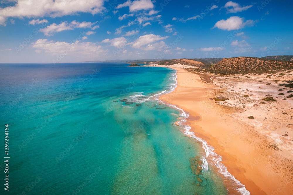Beautiful white sand beach and turquoise Mediterranean sea in Karpaz region, The Republic of Northern Cyprus