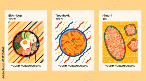 Korean cuisine vector posters set. Modern Asian food wall art template designs with bibimbap, tteokbokki, kimchi salad illustrations and Korean typography dish names. Traditional spicy popular dishes