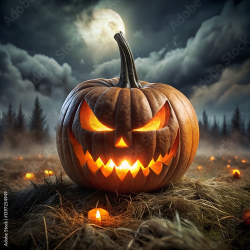 Carved orange pumpkins with scary faces celebrate the spooky fall holiday in a dark autumn garden