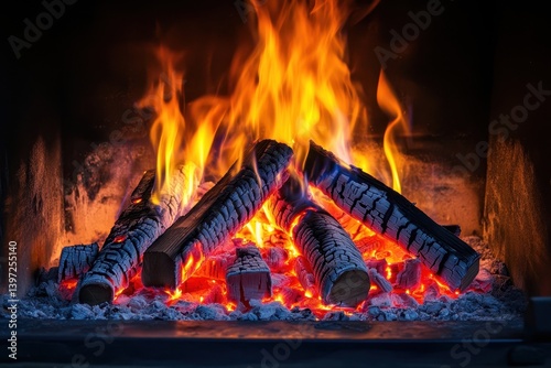 Flames dancing around logs in a cozy fireplace during a winter evening