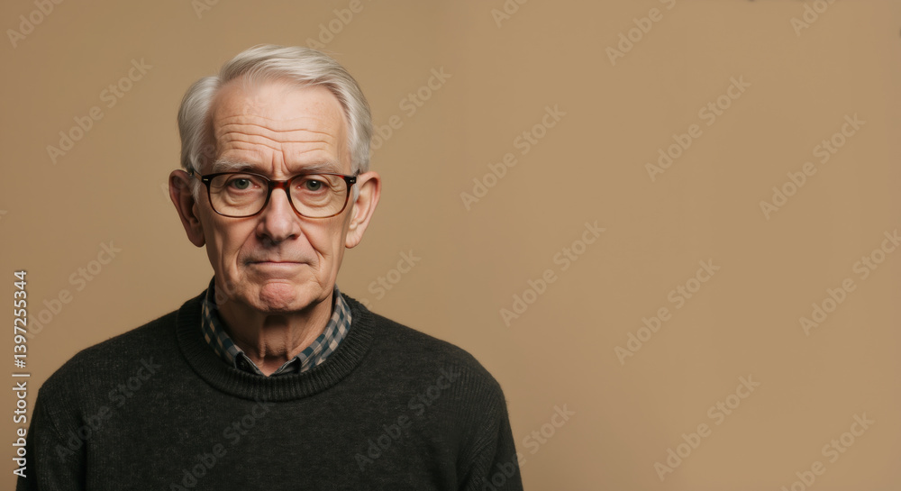 Serious senior man with glasses in dark sweater against beige background. Professional portrait and aging wisdom concept for documentary film about elderly experience Serious senior man with glasses in dark sweater against beige background. Professional portrait and aging wisdom concept for documentary film about elderly experience