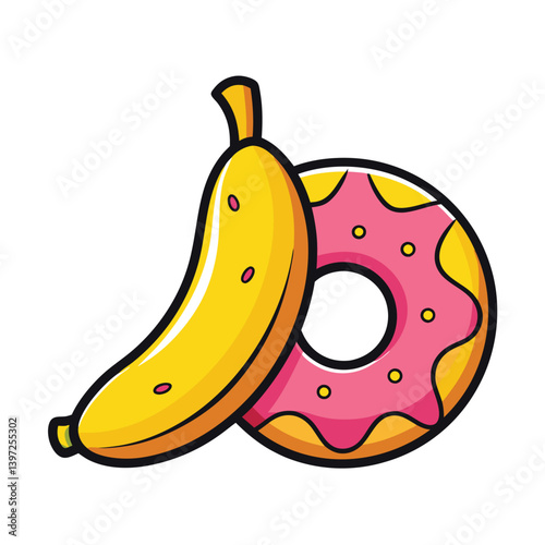 Playful Banana Hugging Donut Clipart on White Background