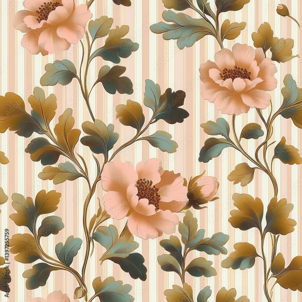 Floral seamless pattern with cute flowers and stripes vintage botanical design in pastel colors Floral seamless pattern with cute flowers and stripes vintage botanical design in pastel colors