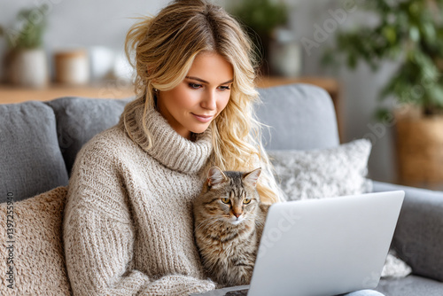 A woman sits on a sofa in a cozy living room, focused on her laptop while holding a cat in her lap during a relaxed afternoon