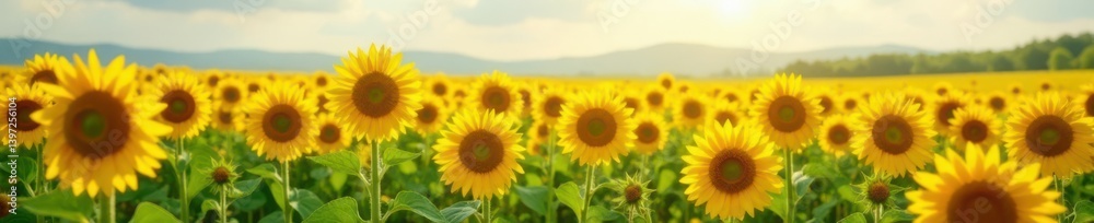 Fototapeta premium Sunflowers in vast meadow, yellow flowers, field landscape, natural scene, outdoor
