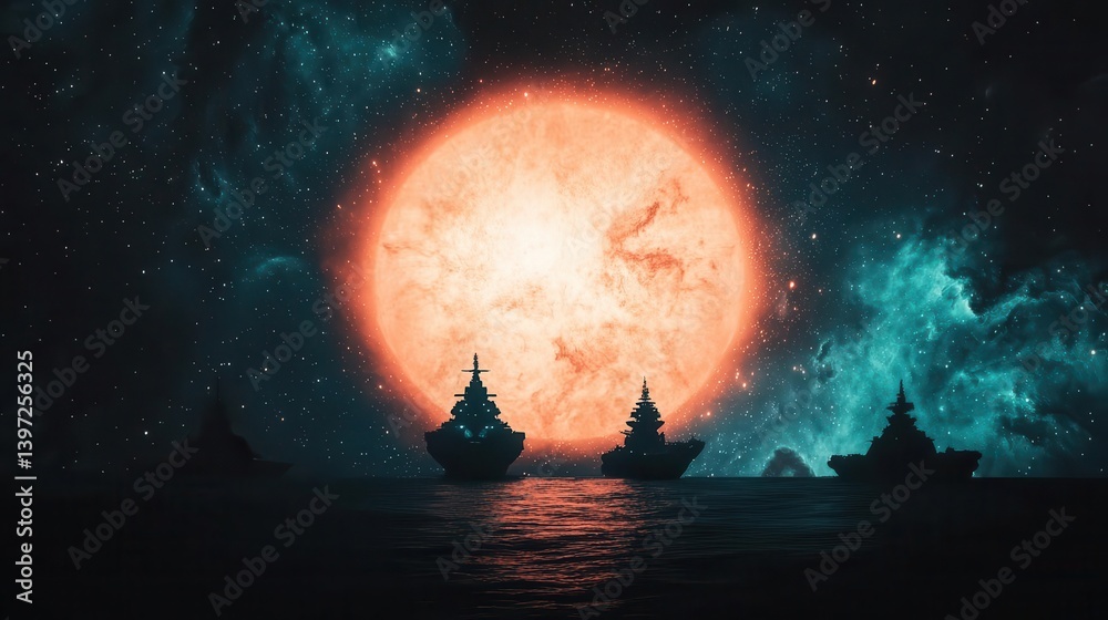 Futuristic fleet preparing for an interstellar invasion, towering capital ships assembling near a distant star Futuristic fleet preparing for an interstellar invasion, towering capital ships assembling near a distant star
