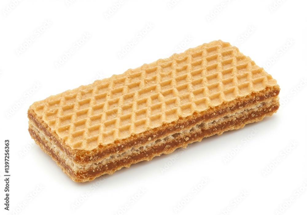 Single rectangular vanilla wafer with cream layer on a plain white background showing close detail Single rectangular vanilla wafer with cream layer on a plain white background showing close detail