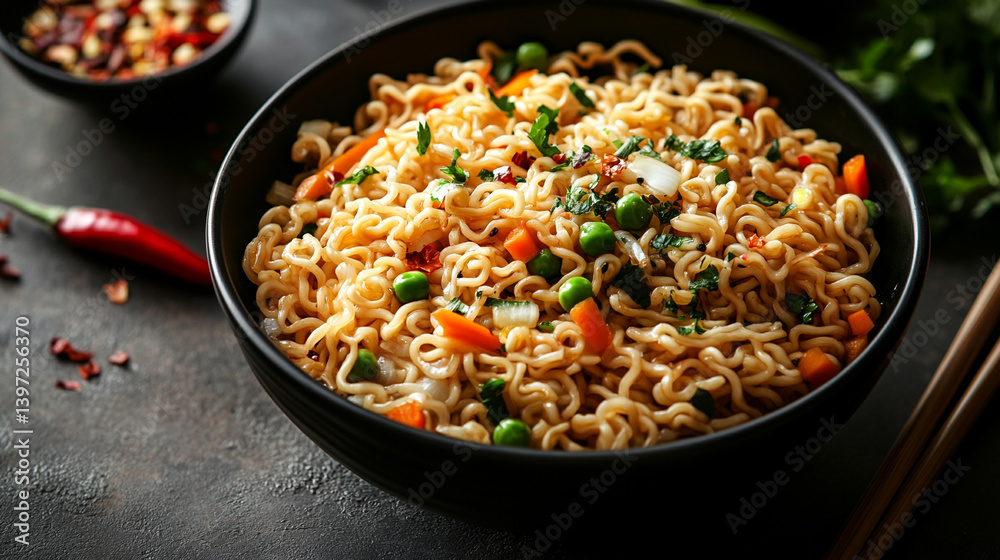 Noodles served in a bowl with fresh vegetables and spices Noodles served in a bowl with fresh vegetables and spices