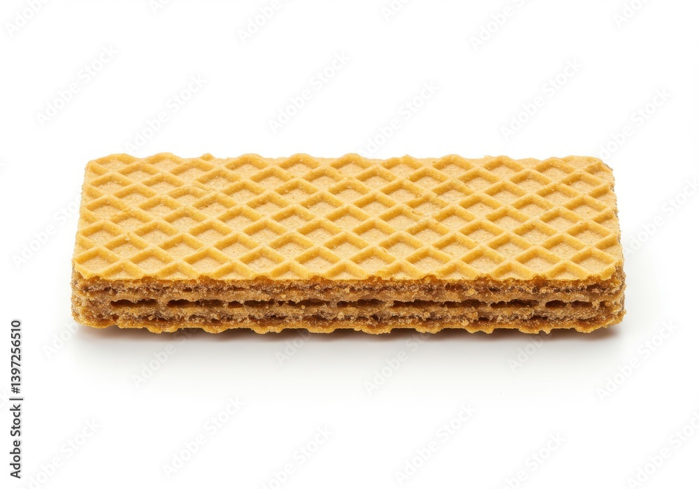 Single rectangular wafer cookie with layers of cream filling on a plain white background closeup image Single rectangular wafer cookie with layers of cream filling on a plain white background closeup image