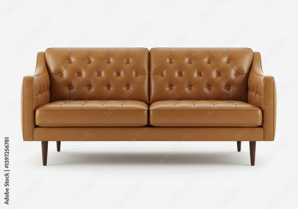 Elegant brown leather sofa with tufted cushions on mid-century modern legs against white background Elegant brown leather sofa with tufted cushions on mid-century modern legs against white background