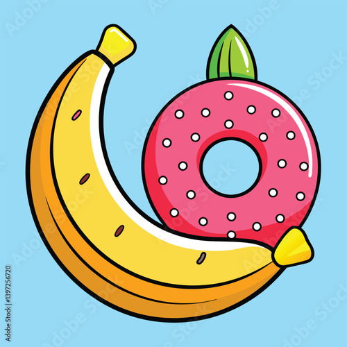 Tasty Banana and Sweet Donut Character Cartoon Art