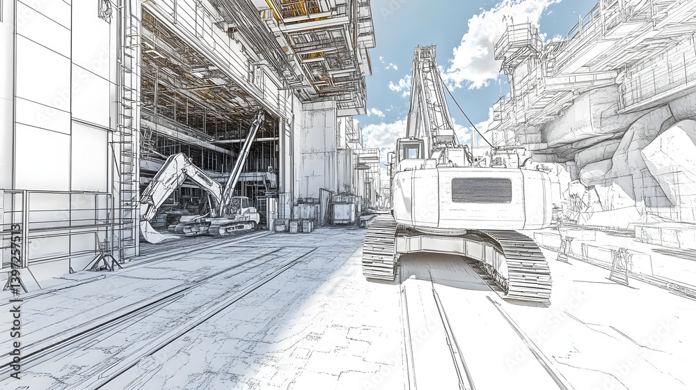 Obraz premium Detailed Black and White Drawing of Crane in Construction Site