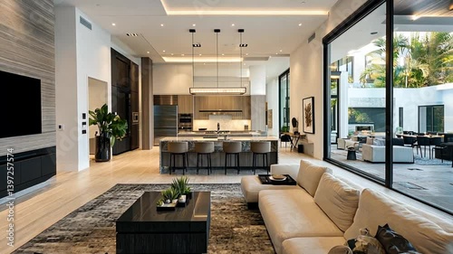 Modern open-concept living room and kitchen with elegant decor and outdoor view
