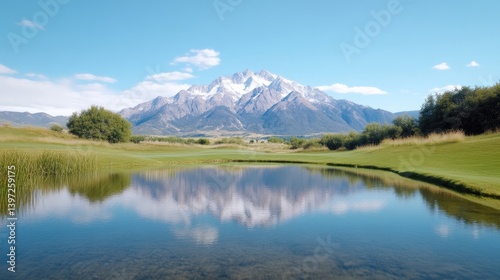 A serene mountain lake reflecting snow-capped peaks on a clear day, lush green landscape with trees, and tranquil nature scene with blue sky.