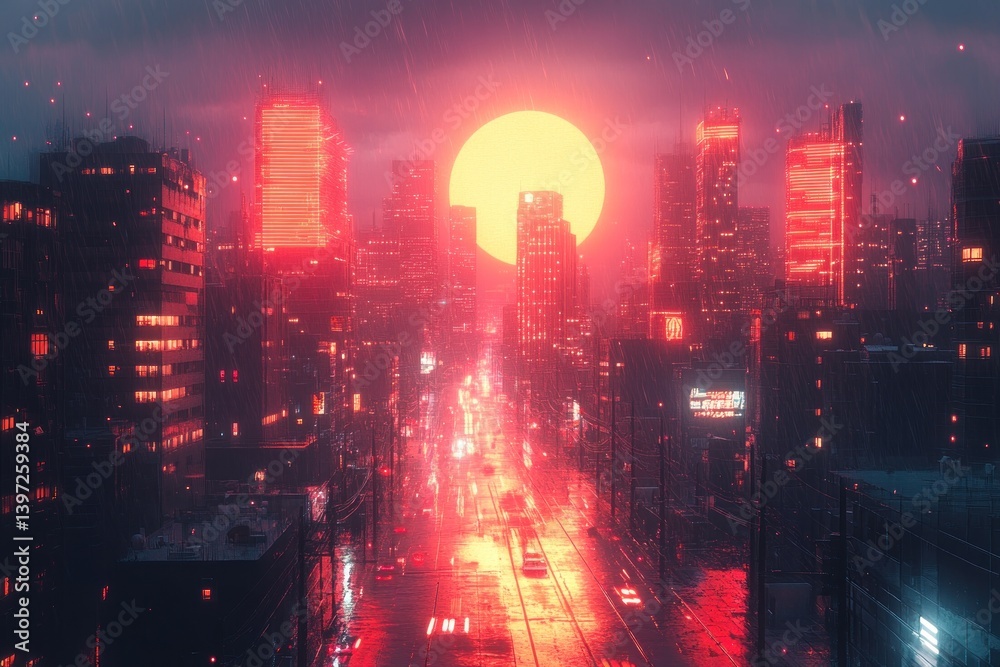 Obraz premium Cyberpunk city street at sunset, rain, neon lights. Possible use Digital art background