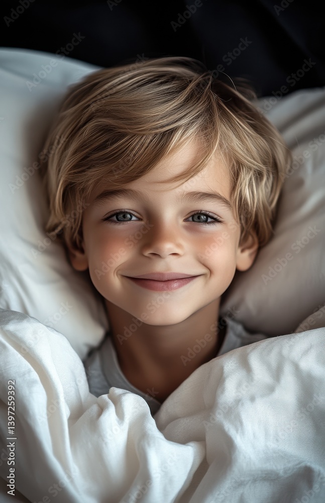 Young boy smiles brightly while relaxing in bed surrounded by soft white blankets in a cozy atmosphere during the morning Young boy smiles brightly while relaxing in bed surrounded by soft white blankets in a cozy atmosphere during the morning