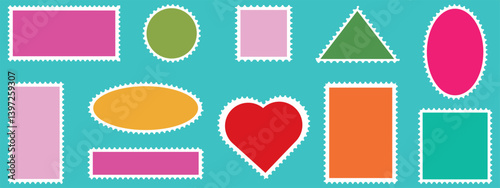 Set of coloring postage stamp . Ellipse, triangle ,love shape, rectangle template for mail, postcard, letter, note. Jagged wavy edge forms and Irregular postage zigzag shapes for social media shape. 