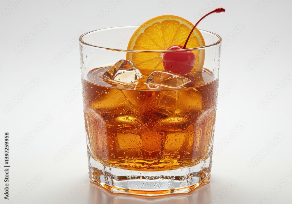 Refreshing cocktail drink with orange slice and cherry garnished on ice in elegant glass beverage Refreshing cocktail drink with orange slice and cherry garnished on ice in elegant glass beverage