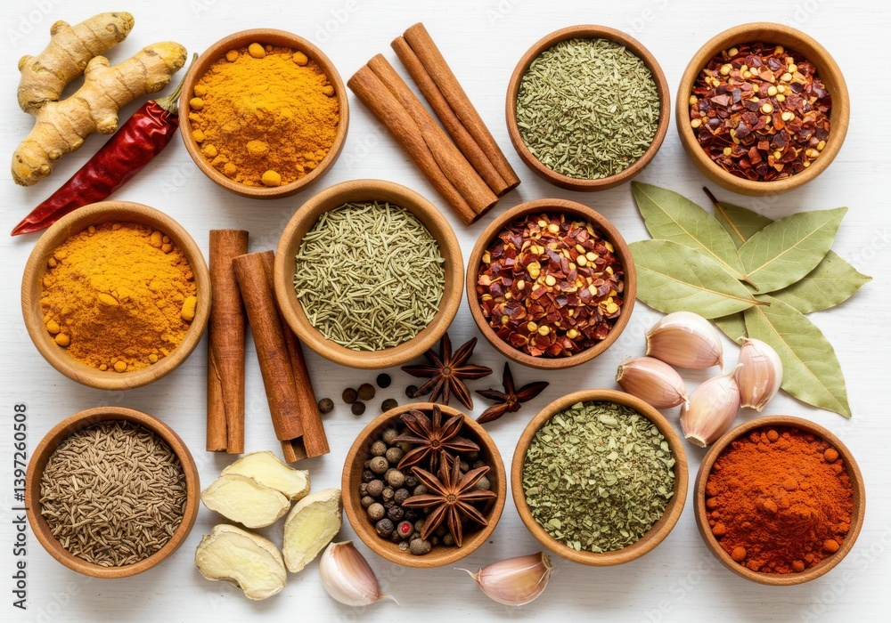 Various spices in wooden bowls with garlic and herbs spread on a white wooden background scene Various spices in wooden bowls with garlic and herbs spread on a white wooden background scene