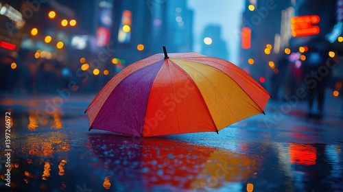 Wallpaper Mural  Colorful umbrella with rainbow panels, opened in the middle of a rainy street, reflecting puddles and city lights Torontodigital.ca