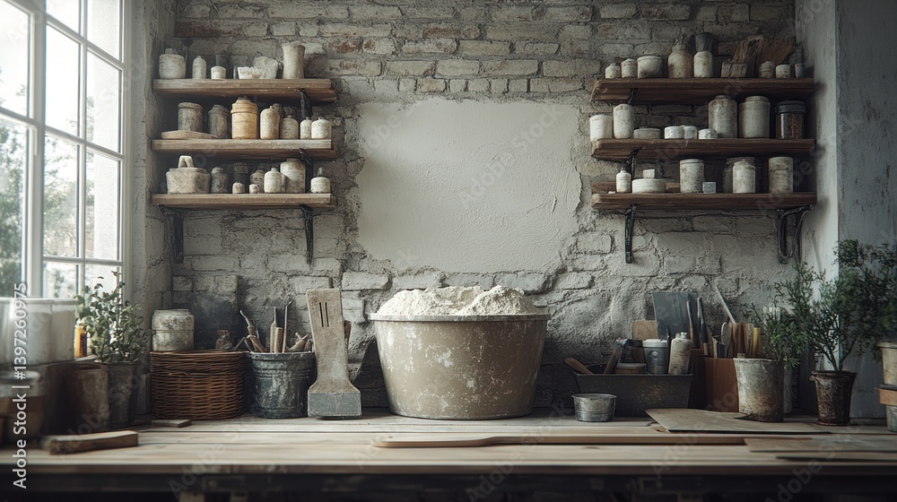 Rustic pottery studio workspace with clay, tools, and shelves Rustic pottery studio workspace with clay, tools, and shelves
