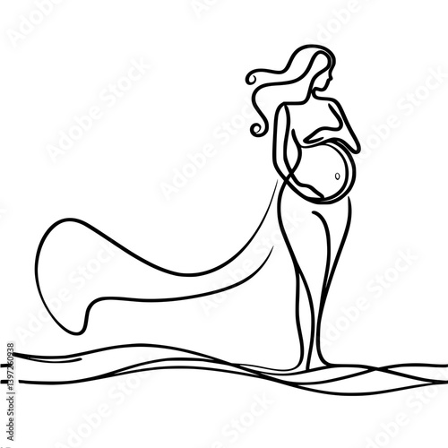 Expecting mother embracing pregnancy in minimalistic line art , single line vector drawing 