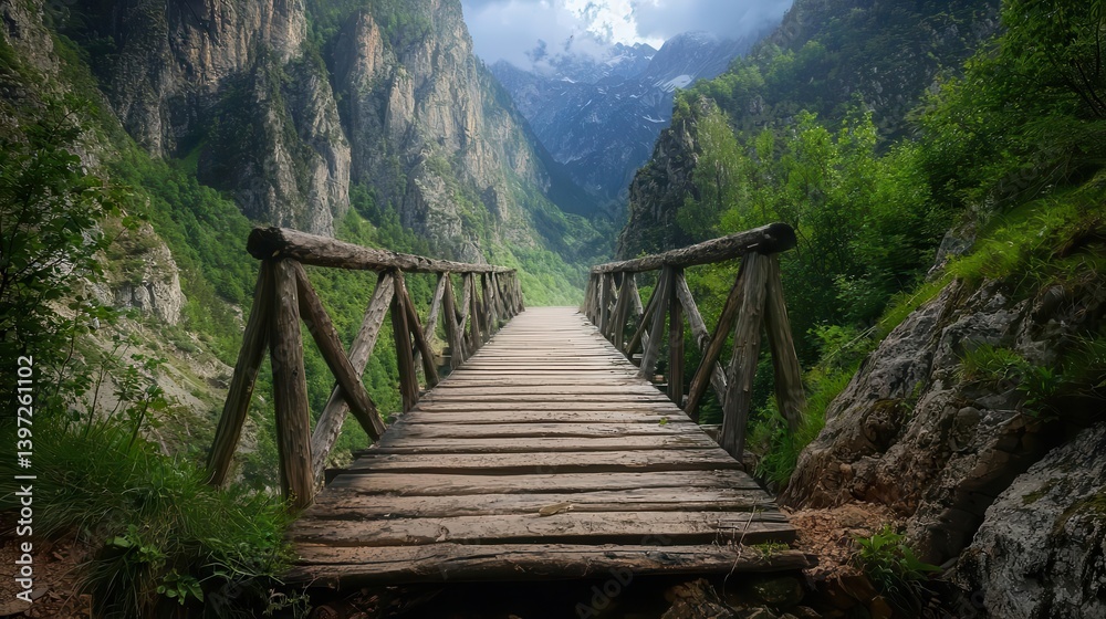 Fototapeta premium Deserted medieval mountain pass, an old wooden bridge swaying dangerously over a deep canyon