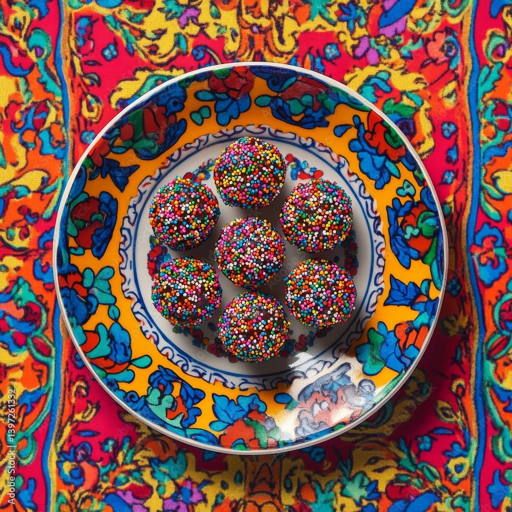 Fototapeta premium A colorful, patterned plate with rainbow sprinkles and chocolate-covered brownie balls on it, top view, on an ornate gold tray.