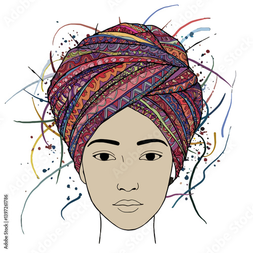 Portrait of a woman with a colorful patterned turban