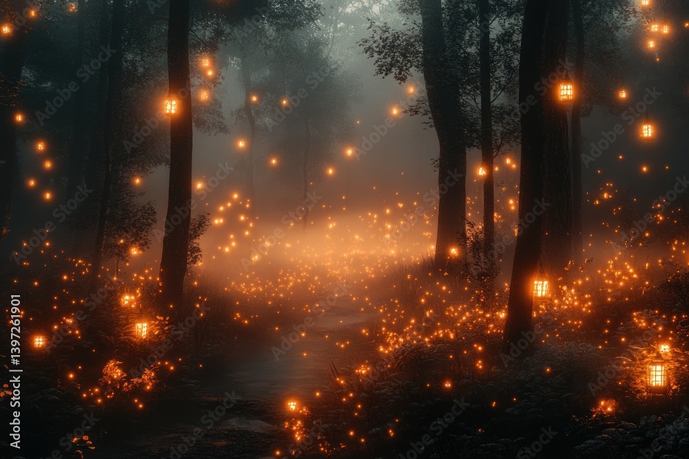 Fototapeta premium Enchanting foggy forest path with glowing lanterns