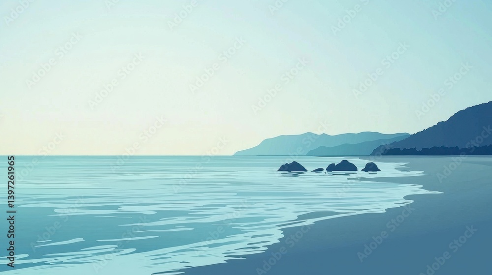 A serene coastal landscape with gentle waves and distant mountains. A serene coastal landscape with gentle waves and distant mountains.