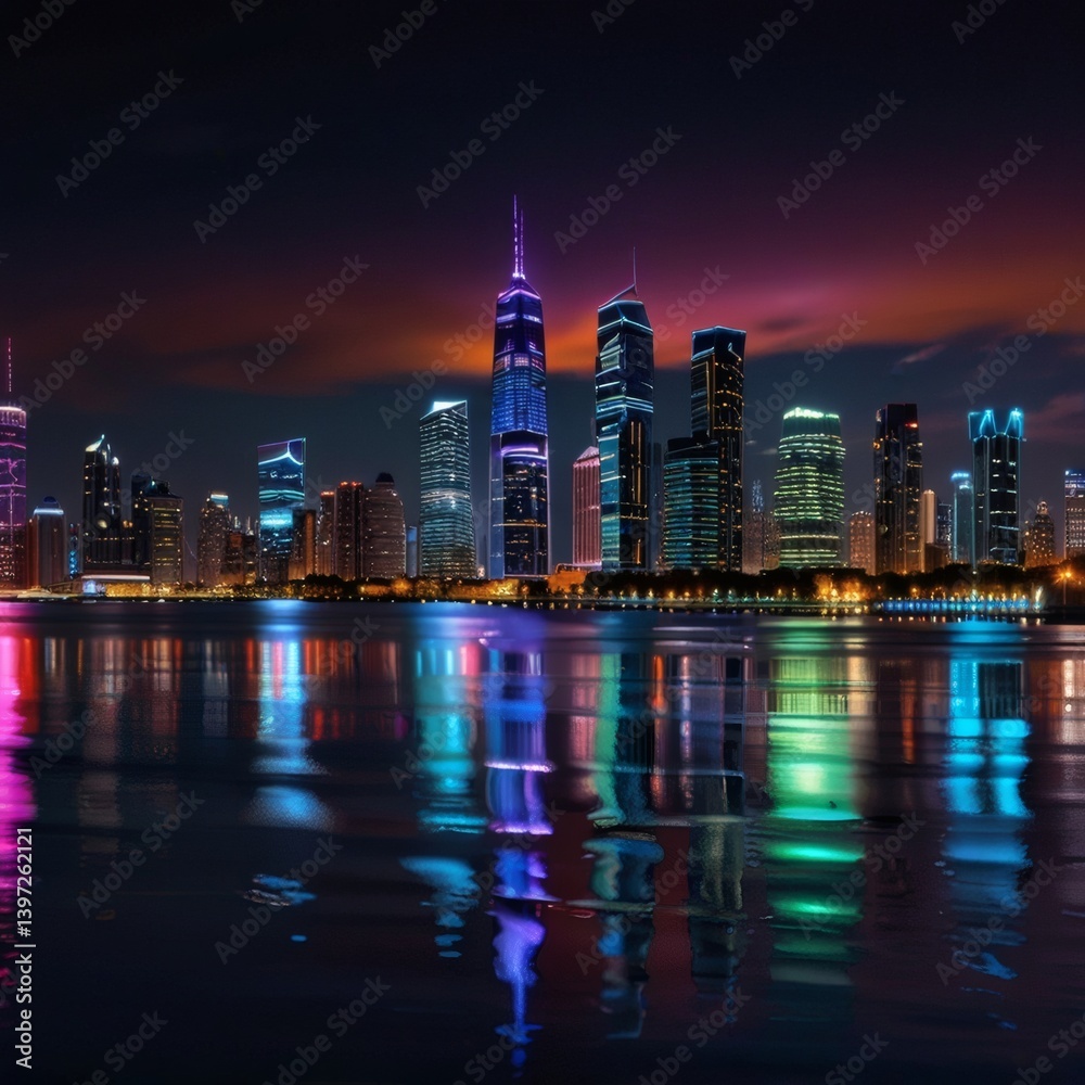 Obraz premium A dazzling urban skyline illuminated by neon lights and reflections in water.