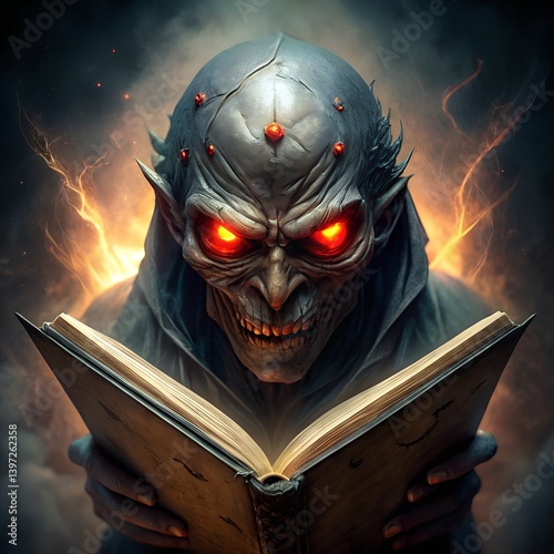 A woman with a book, her face a red skull mask, hints at dark carnival horror