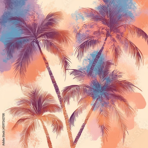 Tropical Palm Trees Seamless Pattern Abstract Expressionism in Soft Pastel Colors