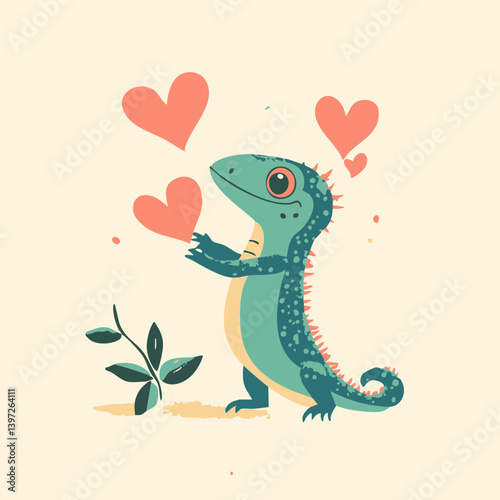 Cute Lizard with Hearts Illustration