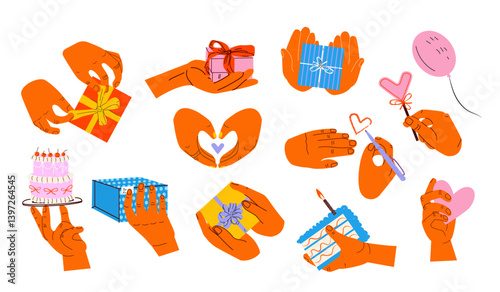 Set of trendy holiday Birthday elements. Hands holding presents, gift boxes, heart, cake. Modern retro grunge stickers. For greeting card, poster, invitation, flyer, banner, email header