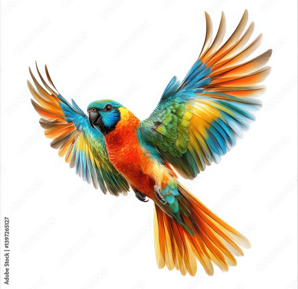 Obraz premium Colorful Parrot in Flight with Vibrant Feathers Showcasing Stunning Tropical Beauty and Wildlife Diversity