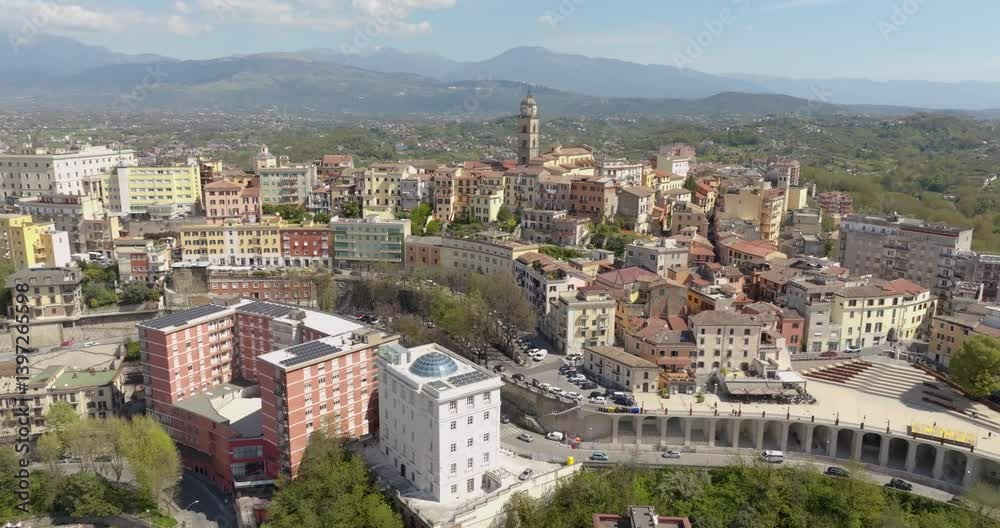 Aerial view of the bell tower of the cathedral in the historic center of Frosinone, Lazio. Aerial view of the bell tower of the cathedral in the historic center of Frosinone, Lazio.