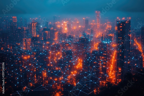 A cityscape with blue network connections linking buildings and streets, representing the interconnected nature of smart cities