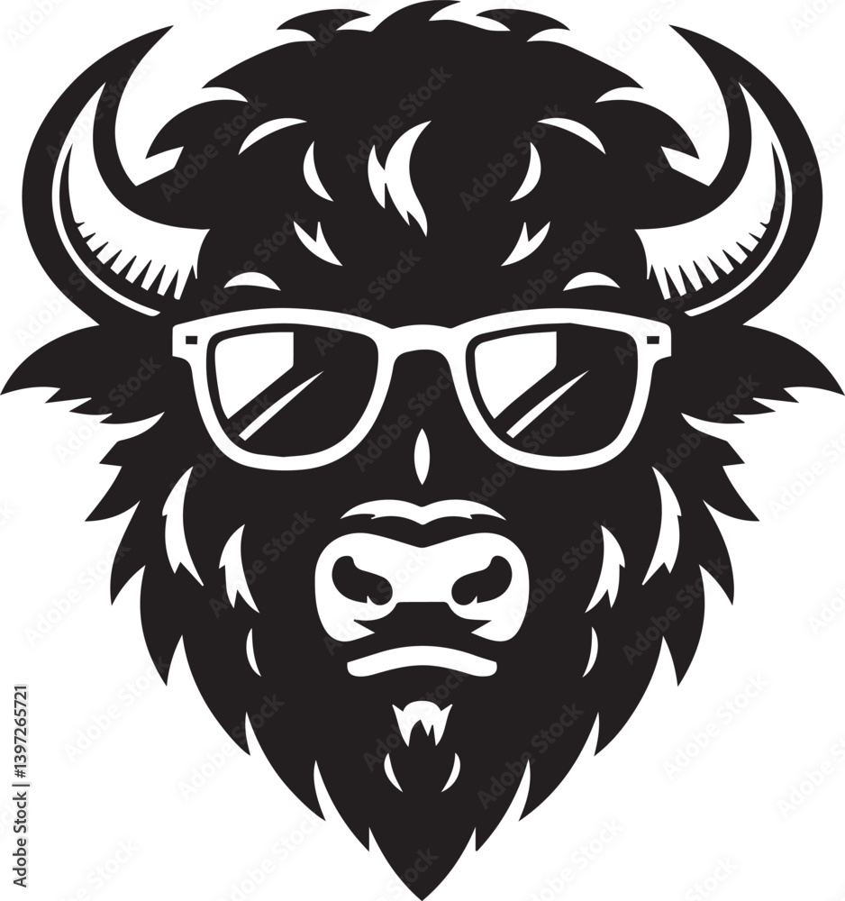 Obraz premium bull head with sunglass vector illustration, bull head with sunglass silhouette vector black and white