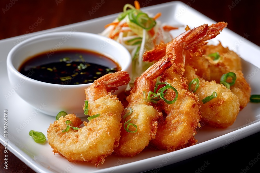 Crispy shrimp, soy sauce, and vegetable garnish Crispy shrimp, soy sauce, and vegetable garnish