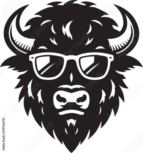 bull head with sunglass vector illustration, bull head with sunglass silhouette vector black and white