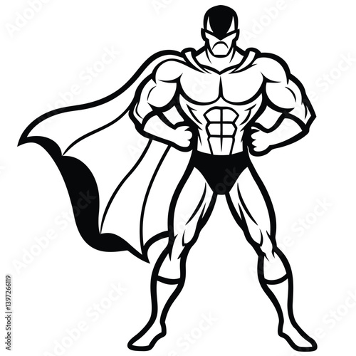 Wallpaper Mural Black and White Superhero Vector Illustration, Muscular Male Hero with Cape in Action Pose Torontodigital.ca