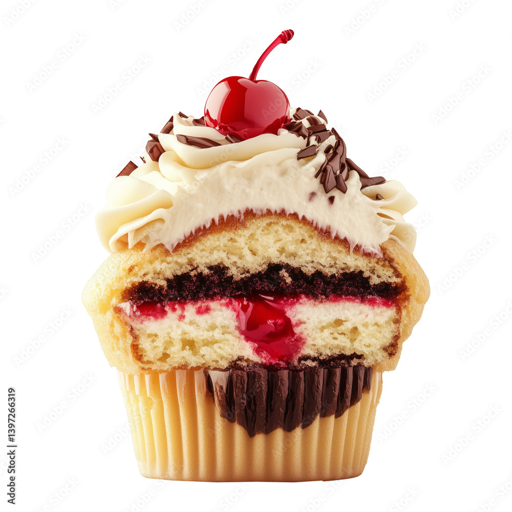 Gourmet cupcake with cream, chocolate drizzle, cherry topping, and layered cake, isolated on white transparent background Gourmet cupcake with cream, chocolate drizzle, cherry topping, and layered cake, isolated on white transparent background